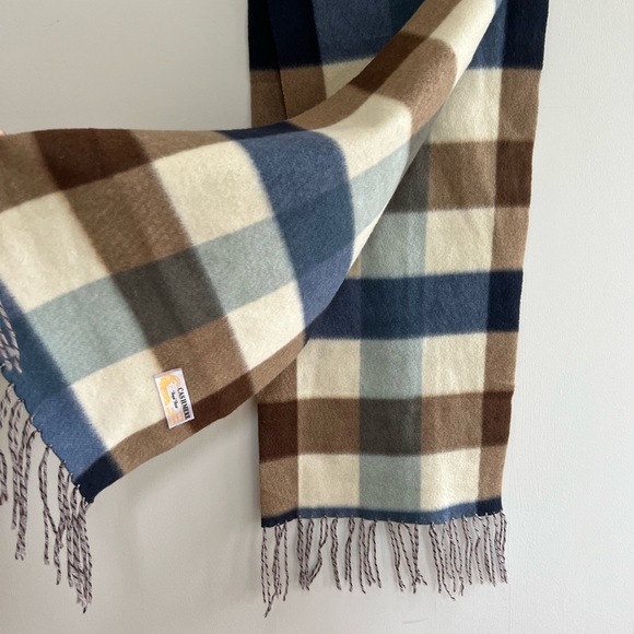 Royal Rossi Plaid Mongolian Cashmere Fringe Scarf Blue Brown Cream - Picture 4 of 7